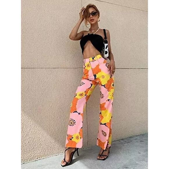 Zara Womens Pants Small Orange Pink Floral Flared Leg High Rise Retro BLOG FAVE - Picture 2 of 16